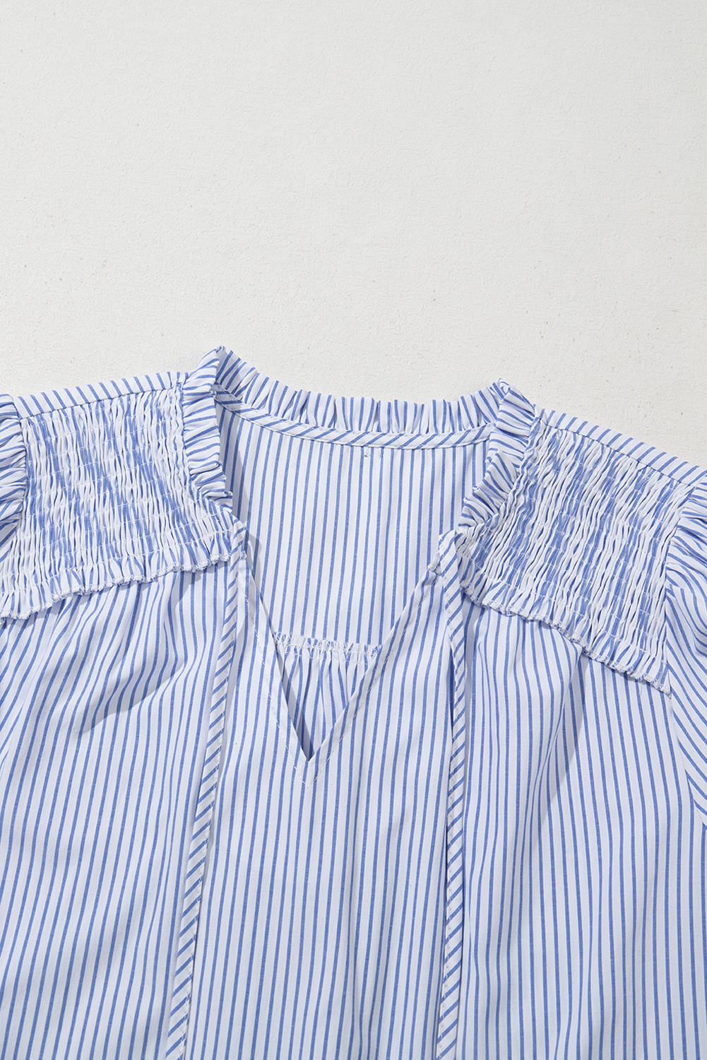 Gray Stripe Shirred Detail V Neck Puff Half Sleeve V Neck Blouse