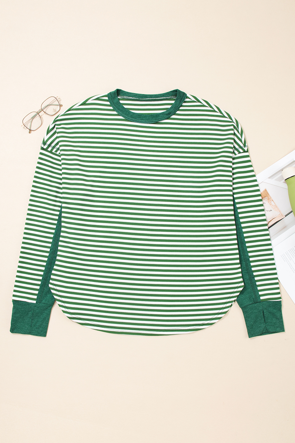 Dearlovers Green Stripe Thermal Knit Drop Shoulder Casual Top