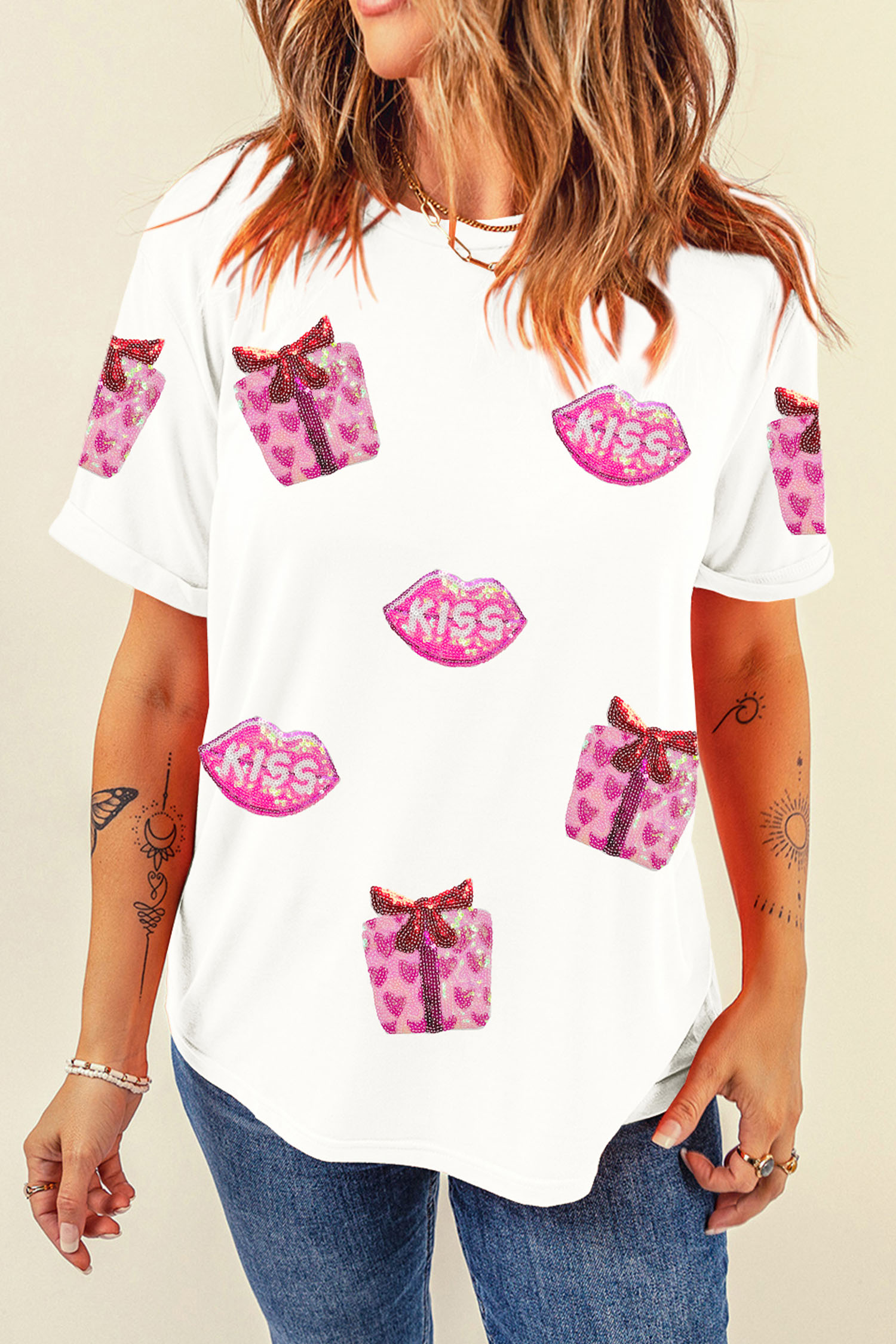White Valentines Gift Kiss Lip Sequin Graphic T Shirt