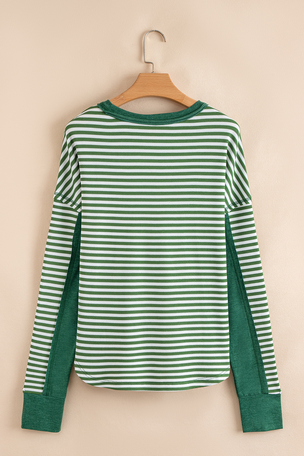 Dearlovers Green Stripe Thermal Knit Drop Shoulder Casual Top
