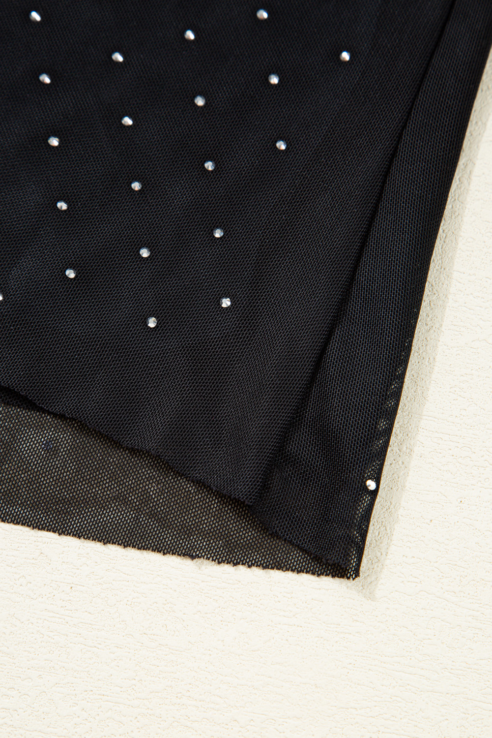 Black Rhinestone Embellished Mesh Long Sleeve Top