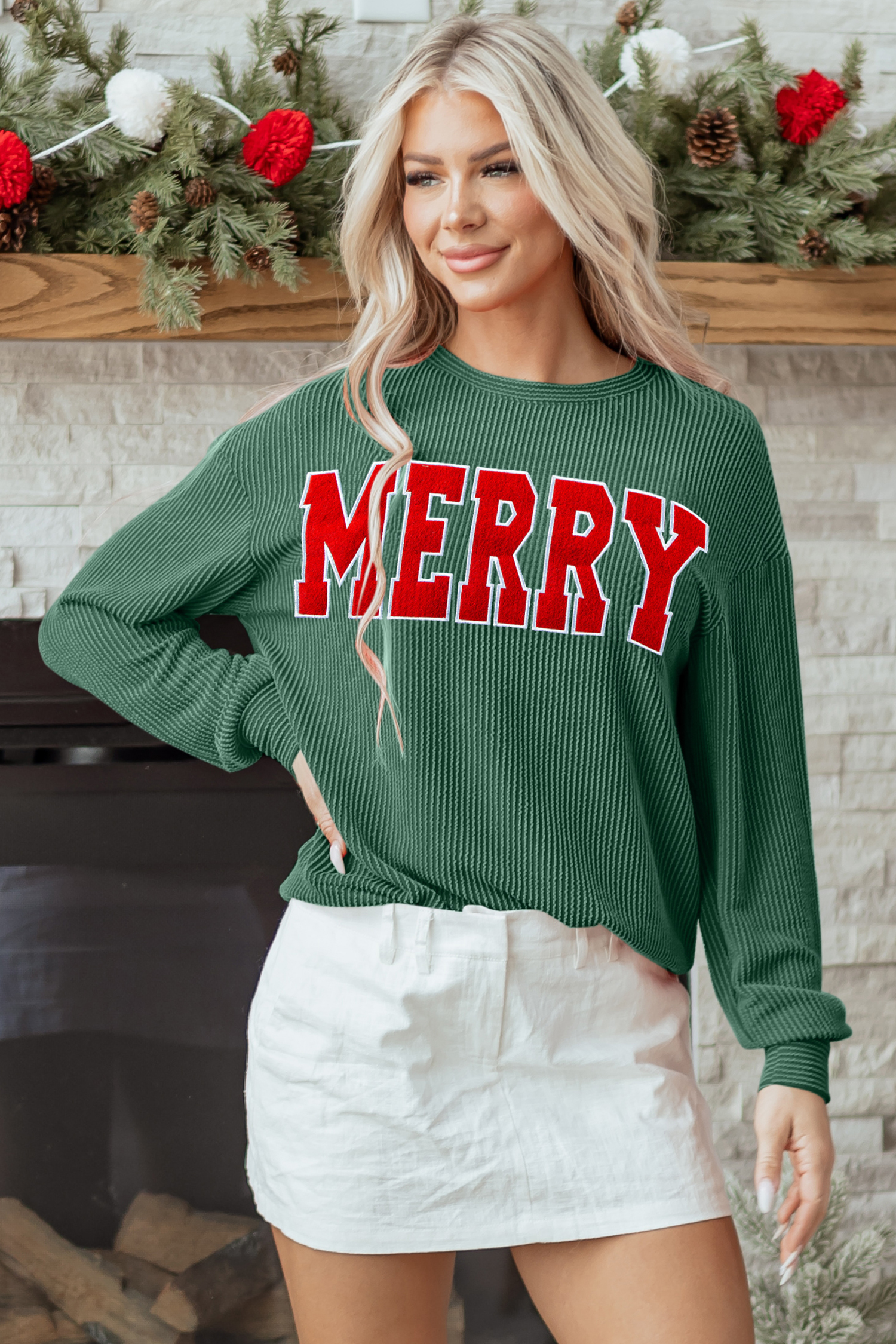 Evergreen Twisted Rib Outlined Merry Letter Graphic Loose Long Sleeve Top