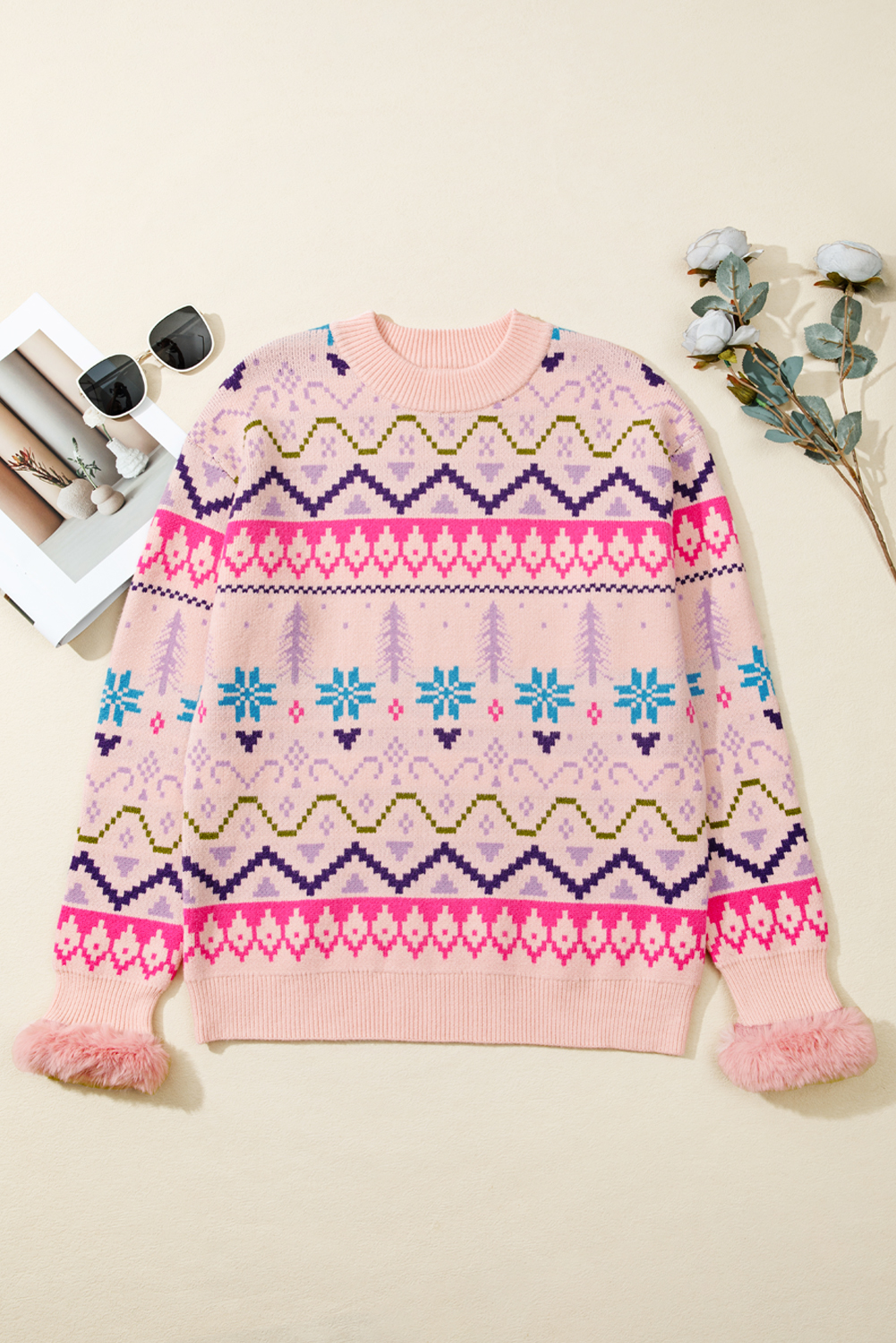 Multicolour Ethnic Christmas Pattern Knit Feather Cuffed Sweater