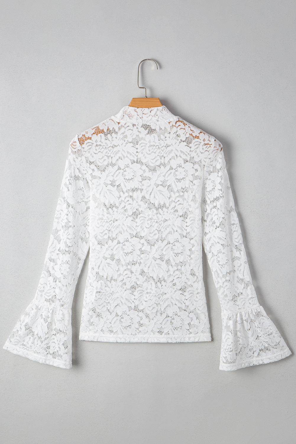White Lace Crochet Bell Sleeve Mock Neck Blouse