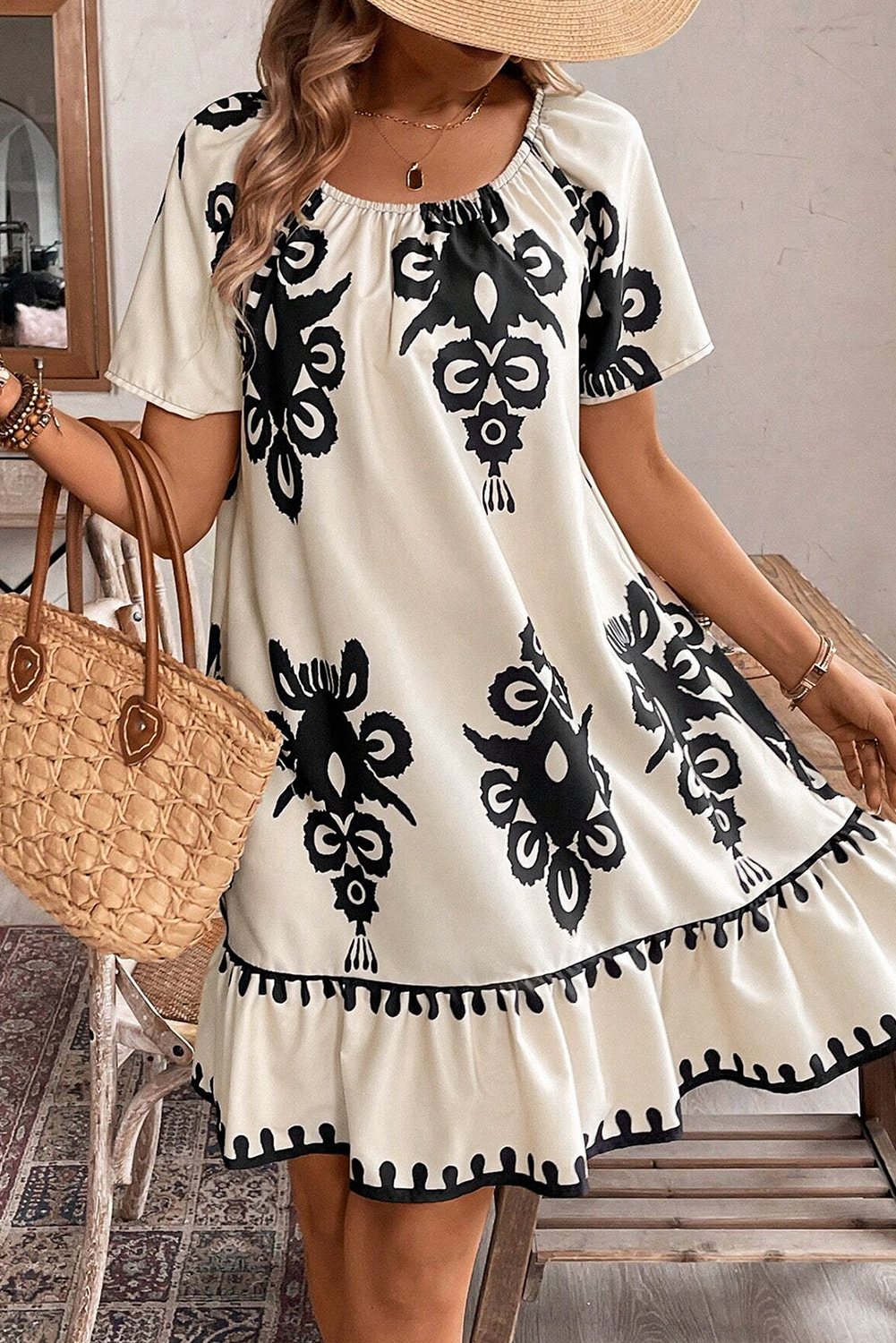 Beige Geometric Printed Sleeveless Hollowed Bowknot Back Mini Dress