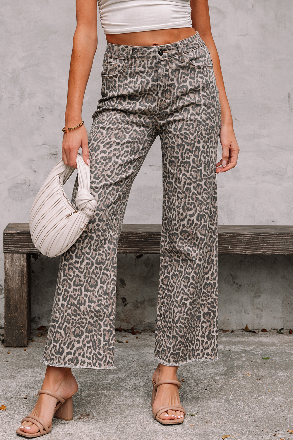 Rose Leopard Frayed Edge Wide Leg High Waist Jeans