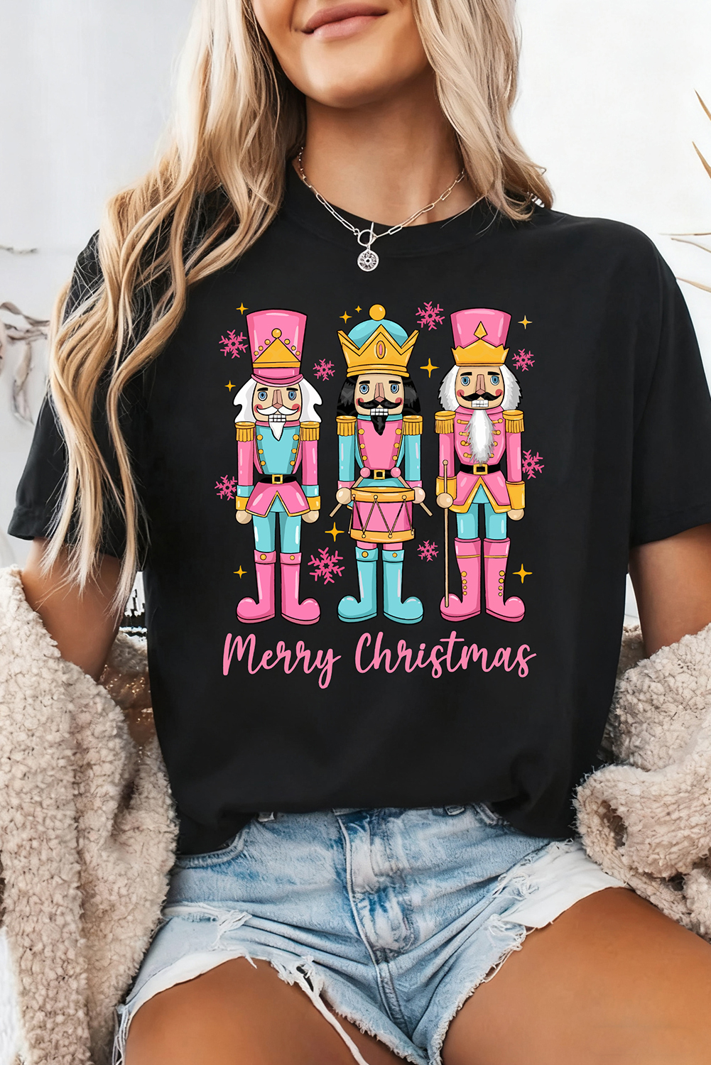 Black Merry Christmas Nutcracker Doll Printed T Shirt