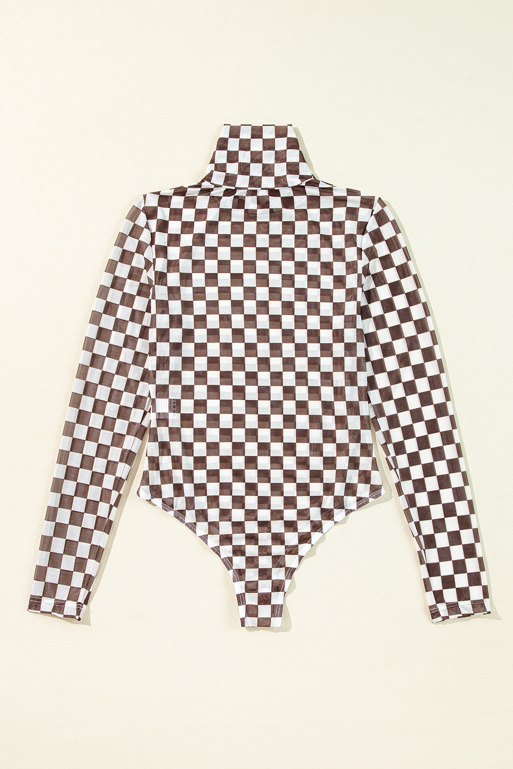Khaki Checkered Pattern Mesh Mock Neck Long Sleeve Top