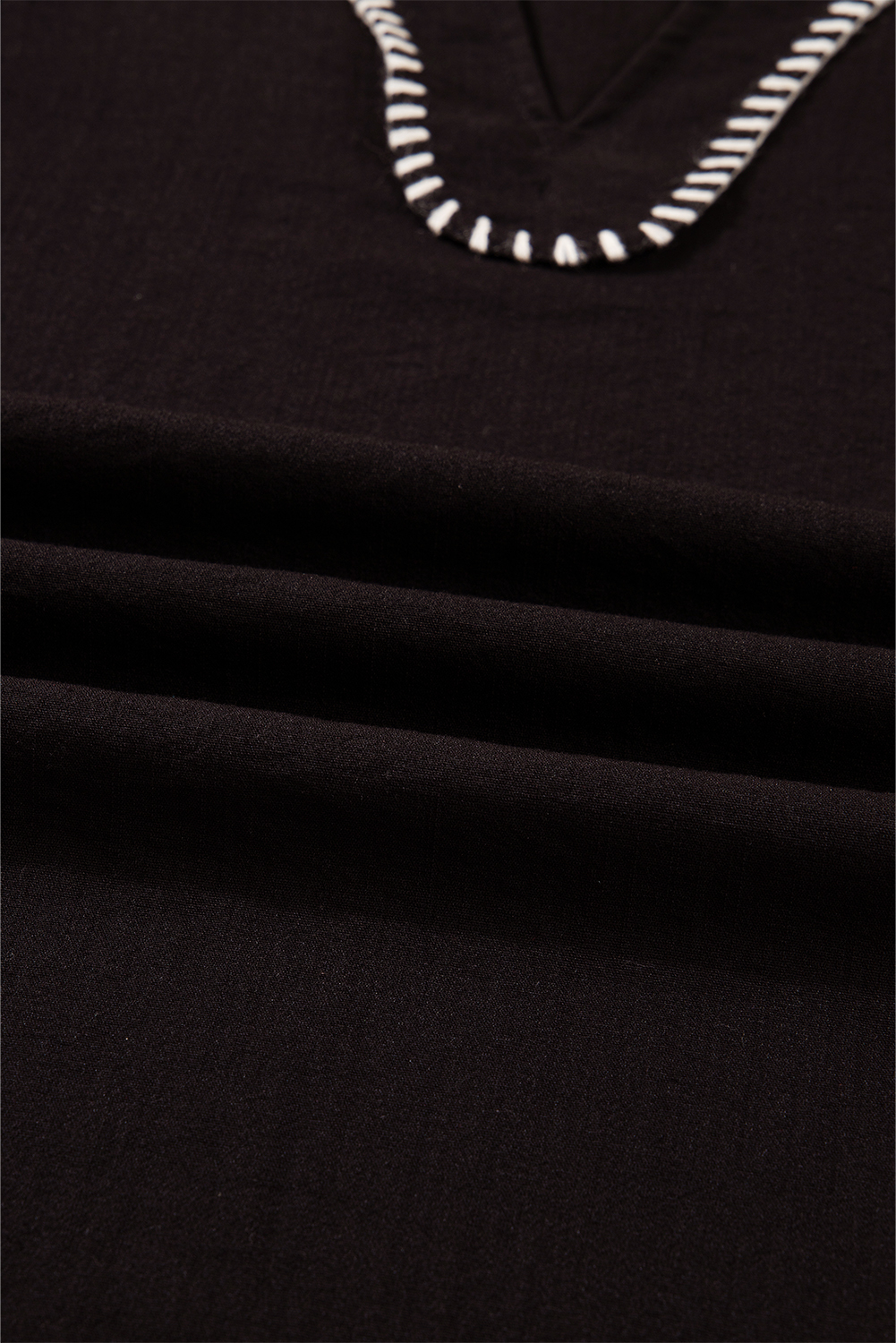 Black Contrast Stitched Detail V Neck Ruffle Long Sleeve Blouse