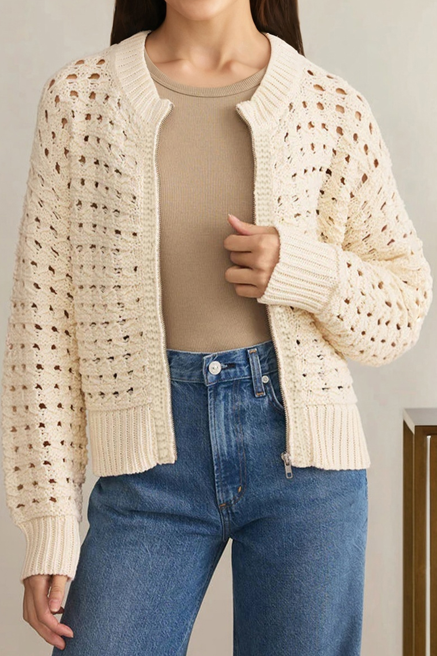 Beige Hollowed Pattern Knit Zip Up Drop Shoulder Sweater Cardigan