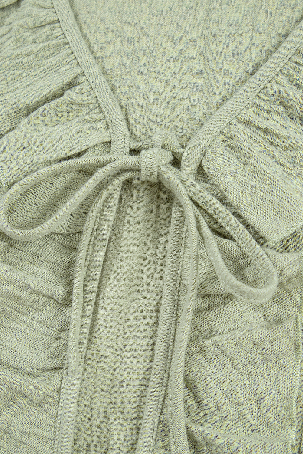 Meadow Mist Green Bow Tie Front Ruffle Trim V Neck Long Sleeve Gauze Blouse