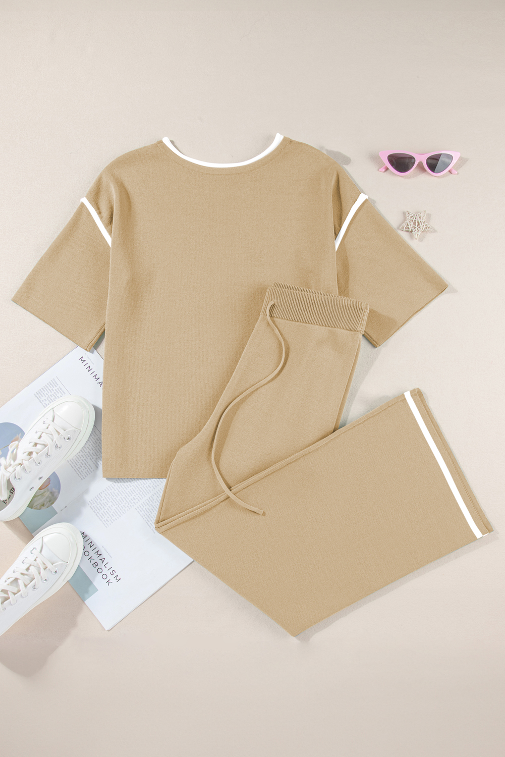 Blackish Green Contrast Trim Half Sleeve Top Drawstring Pants Loose 2pcs Sweater Suit