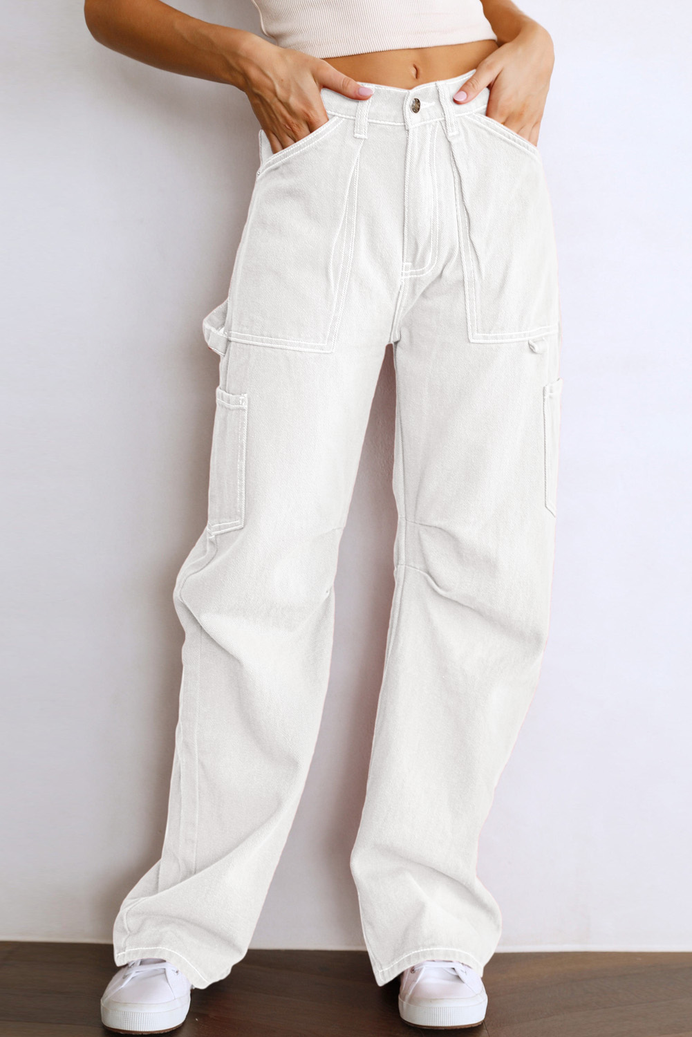 White High Waist Straight Leg Cargo Pants with Pockets