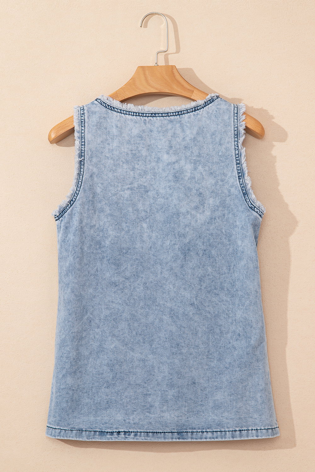 Beau Blue Mineral Wash Denim Frayed U Neck Sleeveless Top