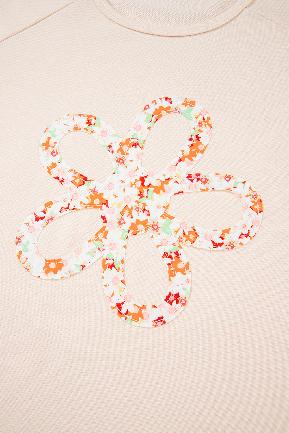 Beige Flower Patch Graphic Exposed Seam Wide Sleeve Top