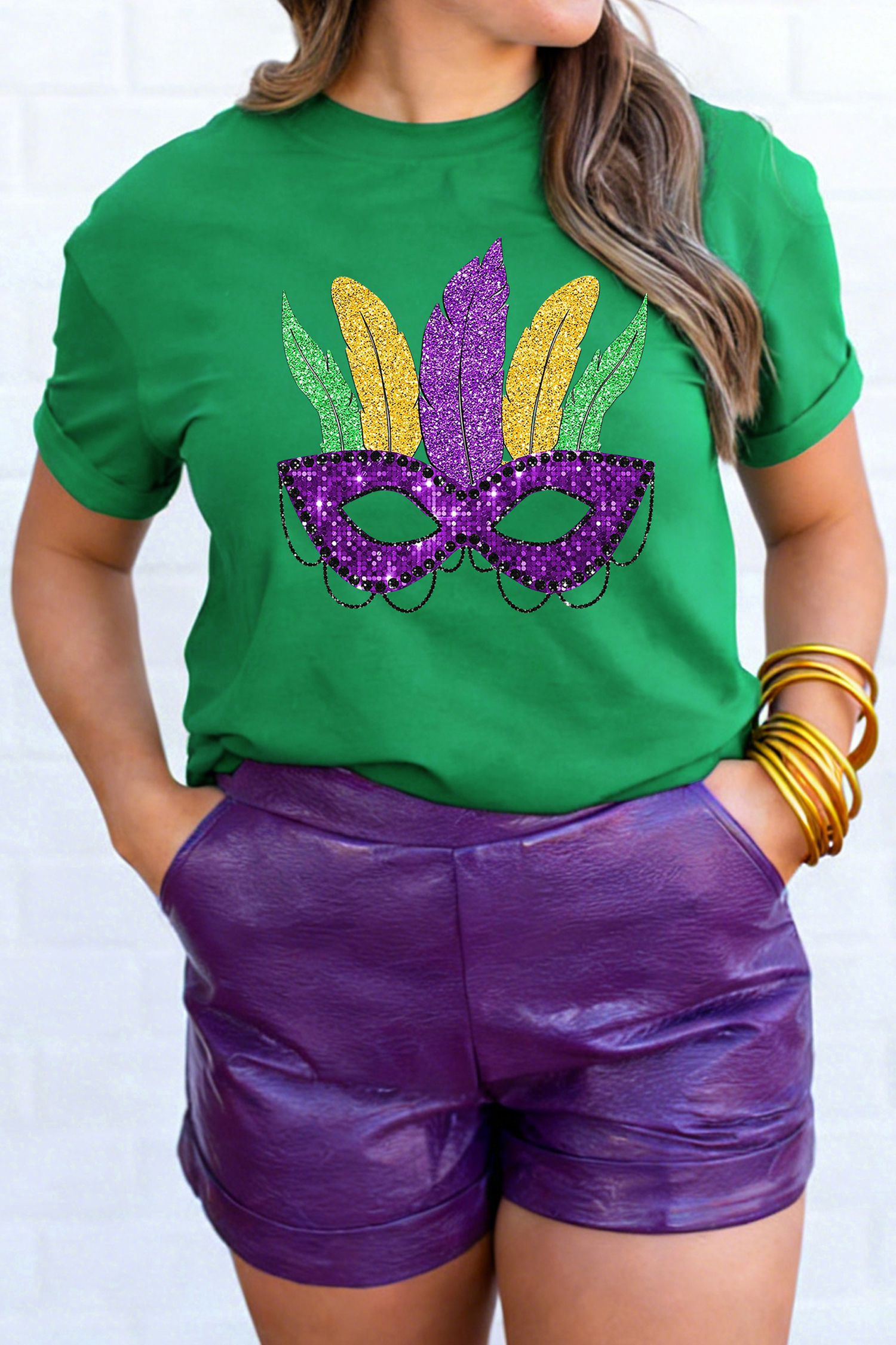 Bright Green Glitter Mardi Gras Mask Graphic T Shirt