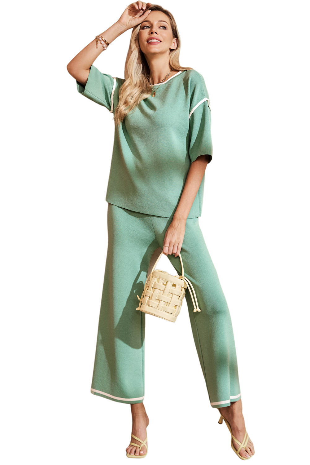 Blackish Green Contrast Trim Half Sleeve Top Drawstring Pants Loose 2pcs Sweater Suit