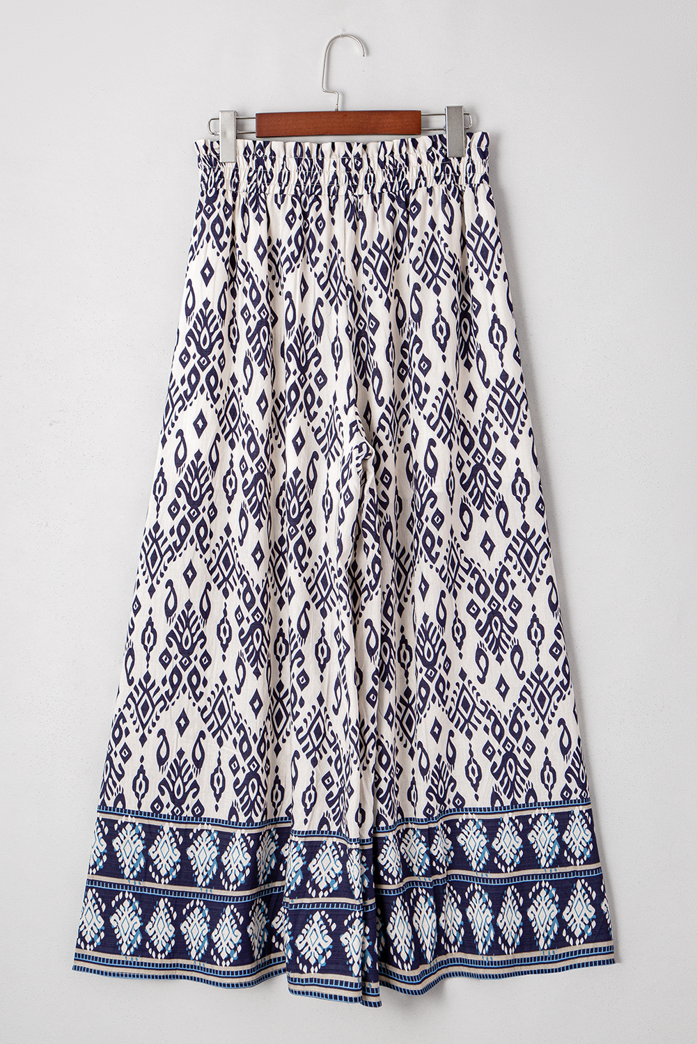 Blue Boho Geometric Print Shirred High Waist Wide Leg Jumpsuit