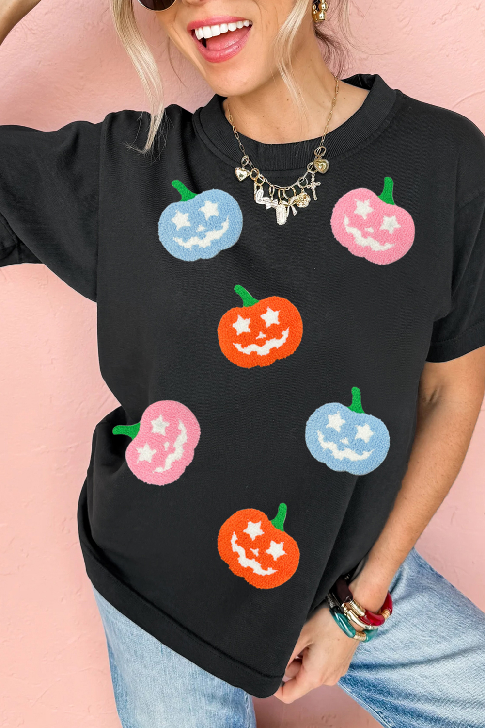 Black Chenille Pumpkin Patched Playful Halloween T Shirt