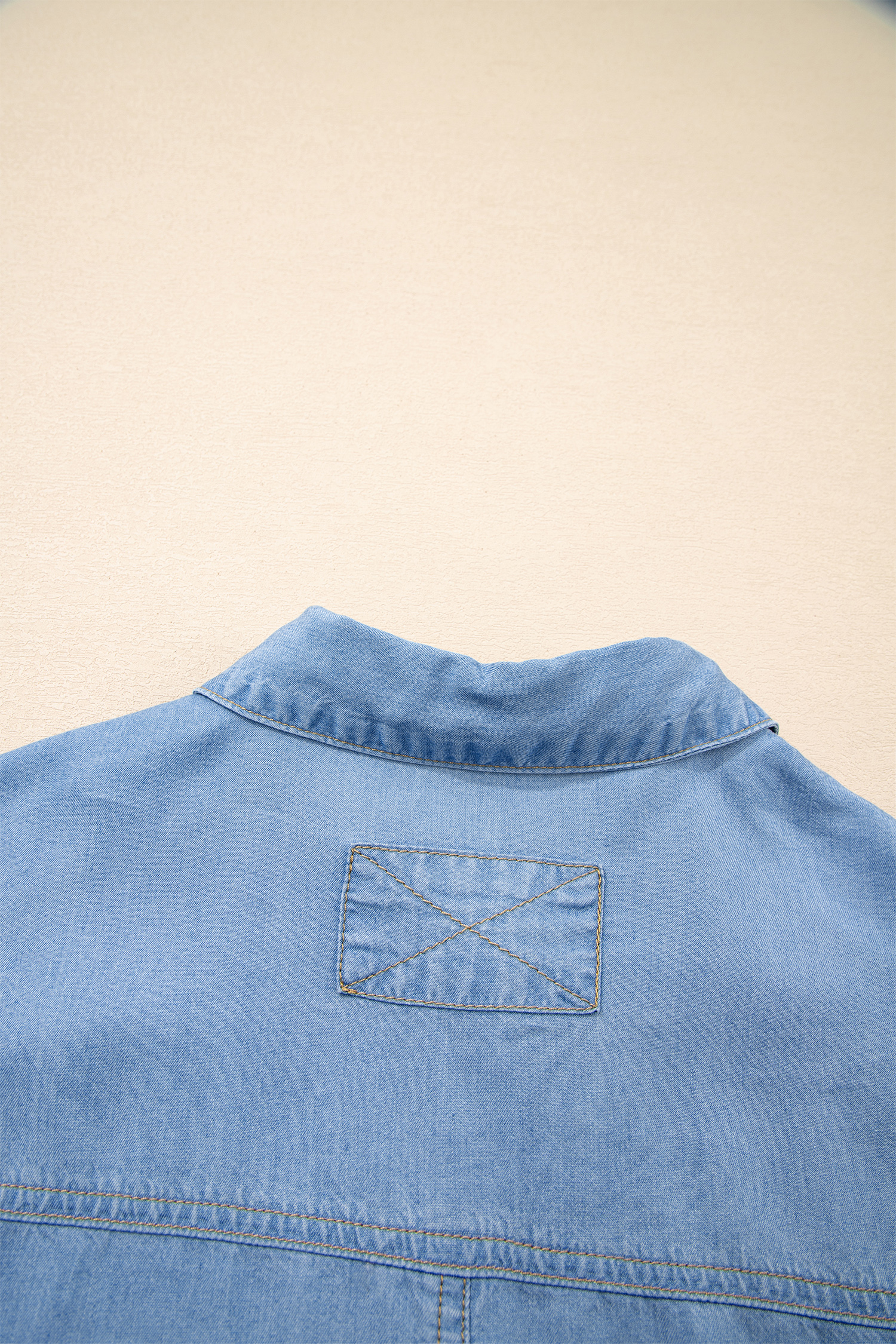 Beau Blue Half Sleeve Button Down Ruffled High Low Chambray Shirt