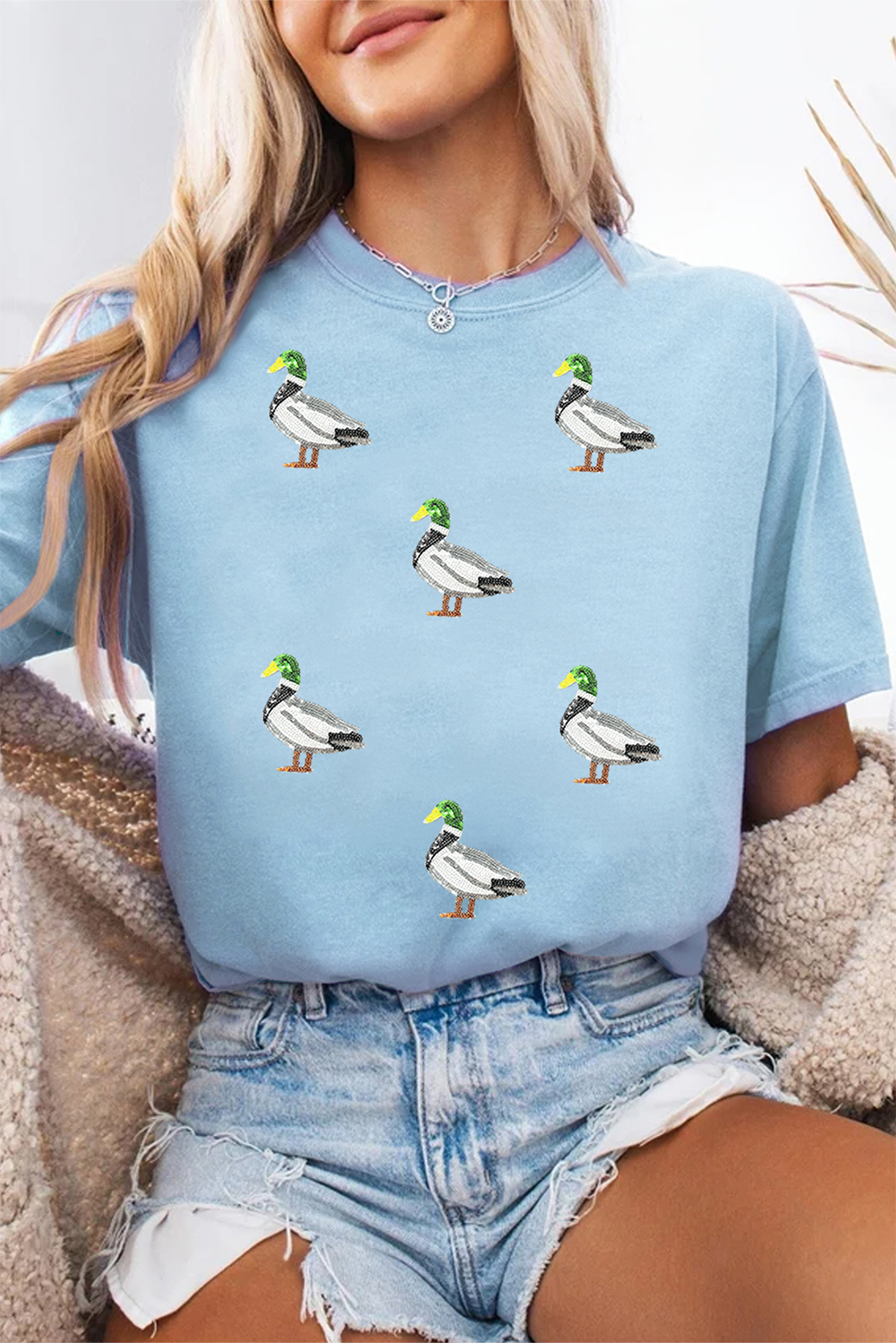 Light Blue Sequin Mallard Graphic Womens Casual Tee