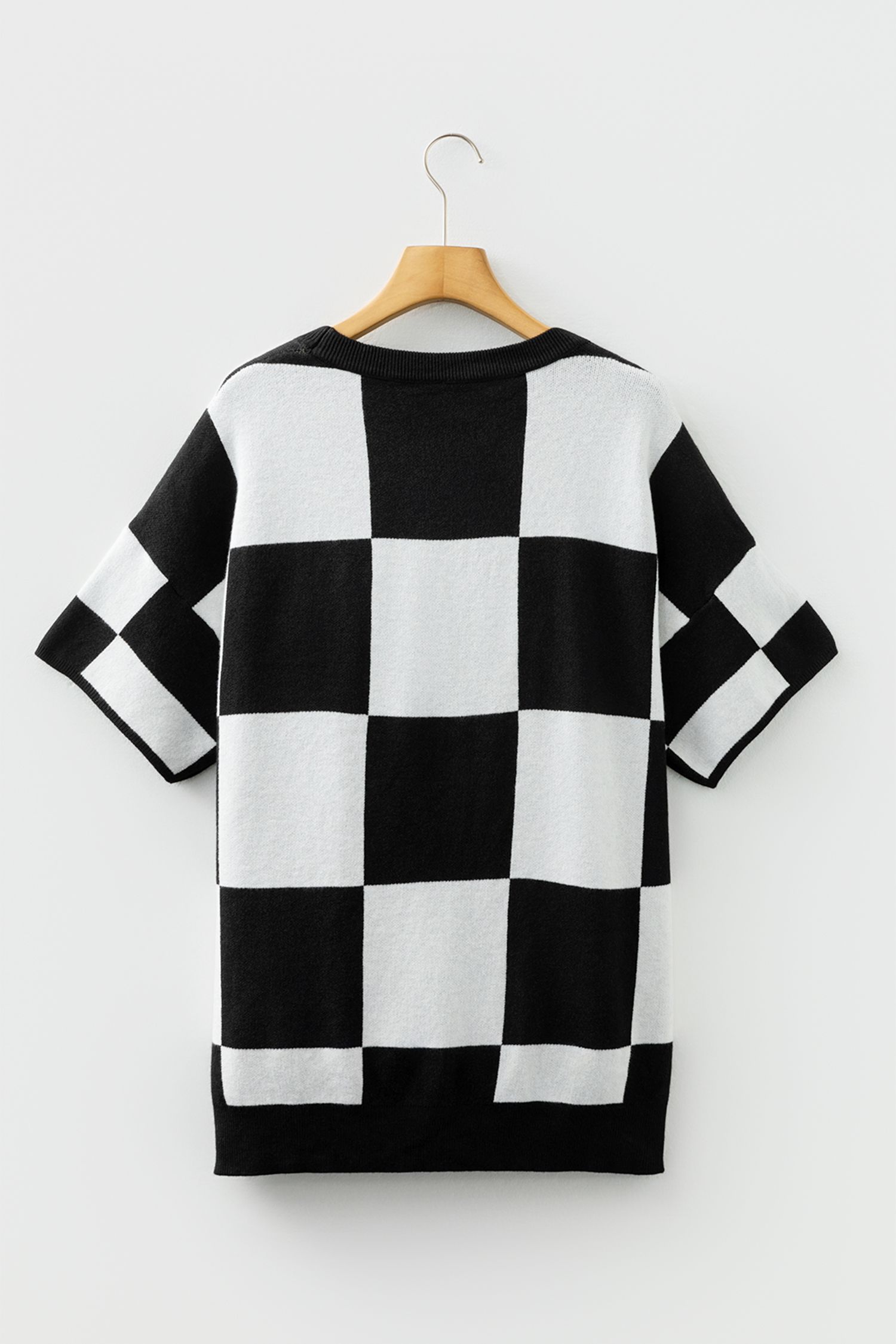 Black Checkered Pattern Loose Drop Shoulder Half Sleeve Sweater