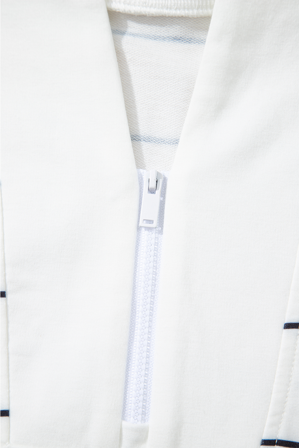 White Zip V Neck Casual Stripe Print Drop Shoulder Long Sleeve Top