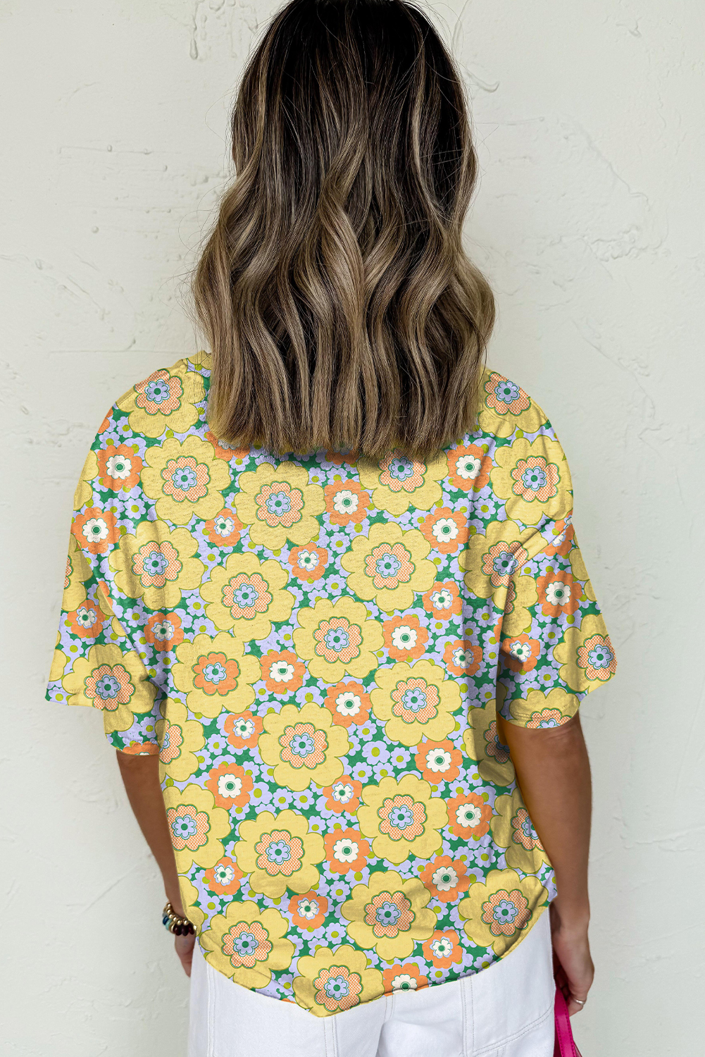 Yellow Summer Flower Printed Drop Shoulder Loose T Shirt