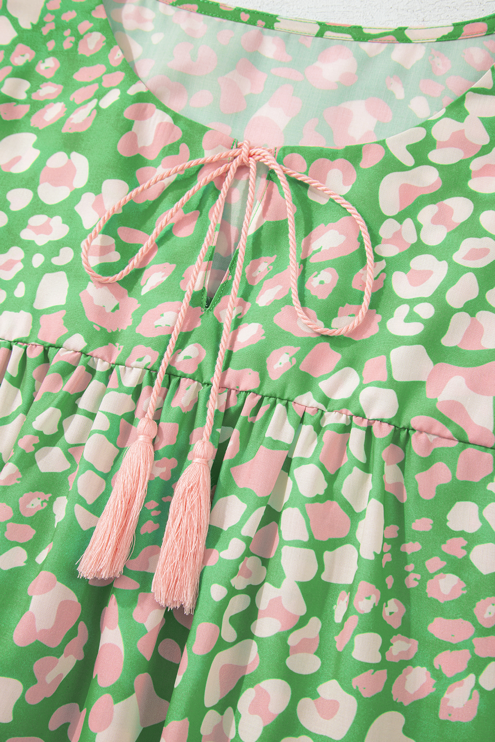 Green Abstract Leopard Tied Front Flutter Sleeve Blouse