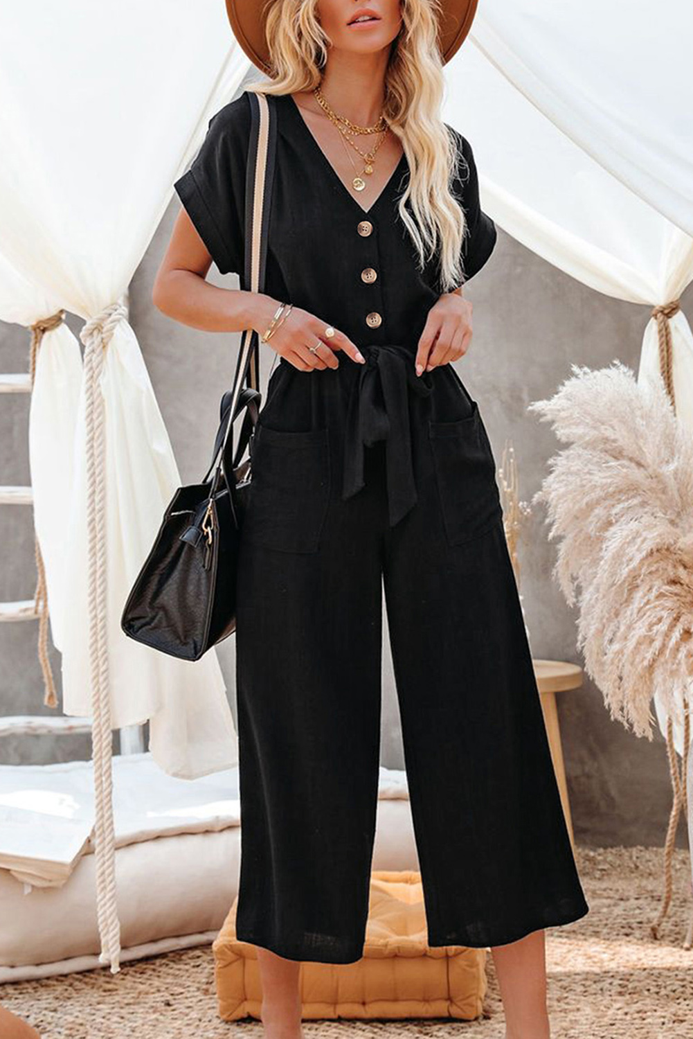 Black Dolman Button Belted V Neck Wide Leg Pocketed Jumpsuit