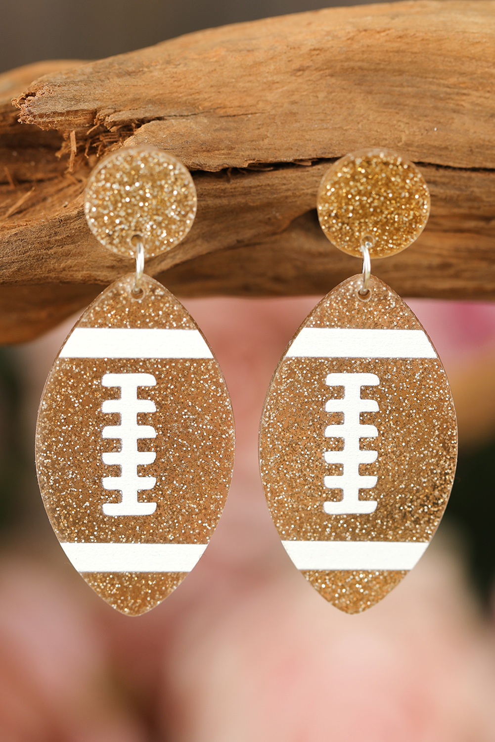 Brown Glittering Rugby Football Pendant Game Day Earrings