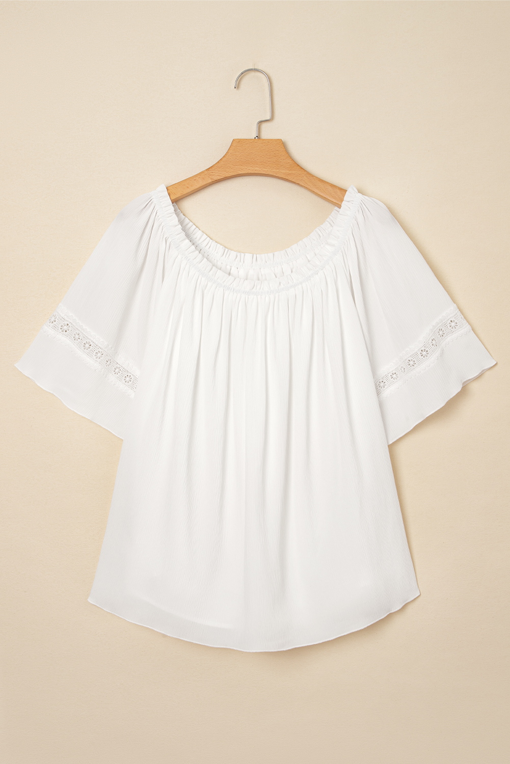 White Frilly Off Shoulder Lace Insert Sleeve Textured Blouse