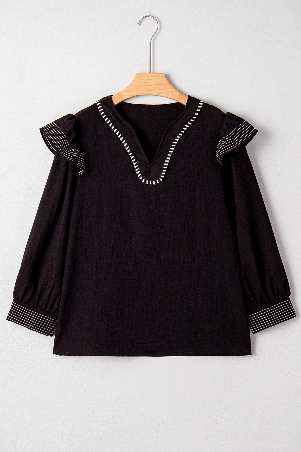 Black Contrast Stitched Detail V Neck Ruffle Long Sleeve Blouse
