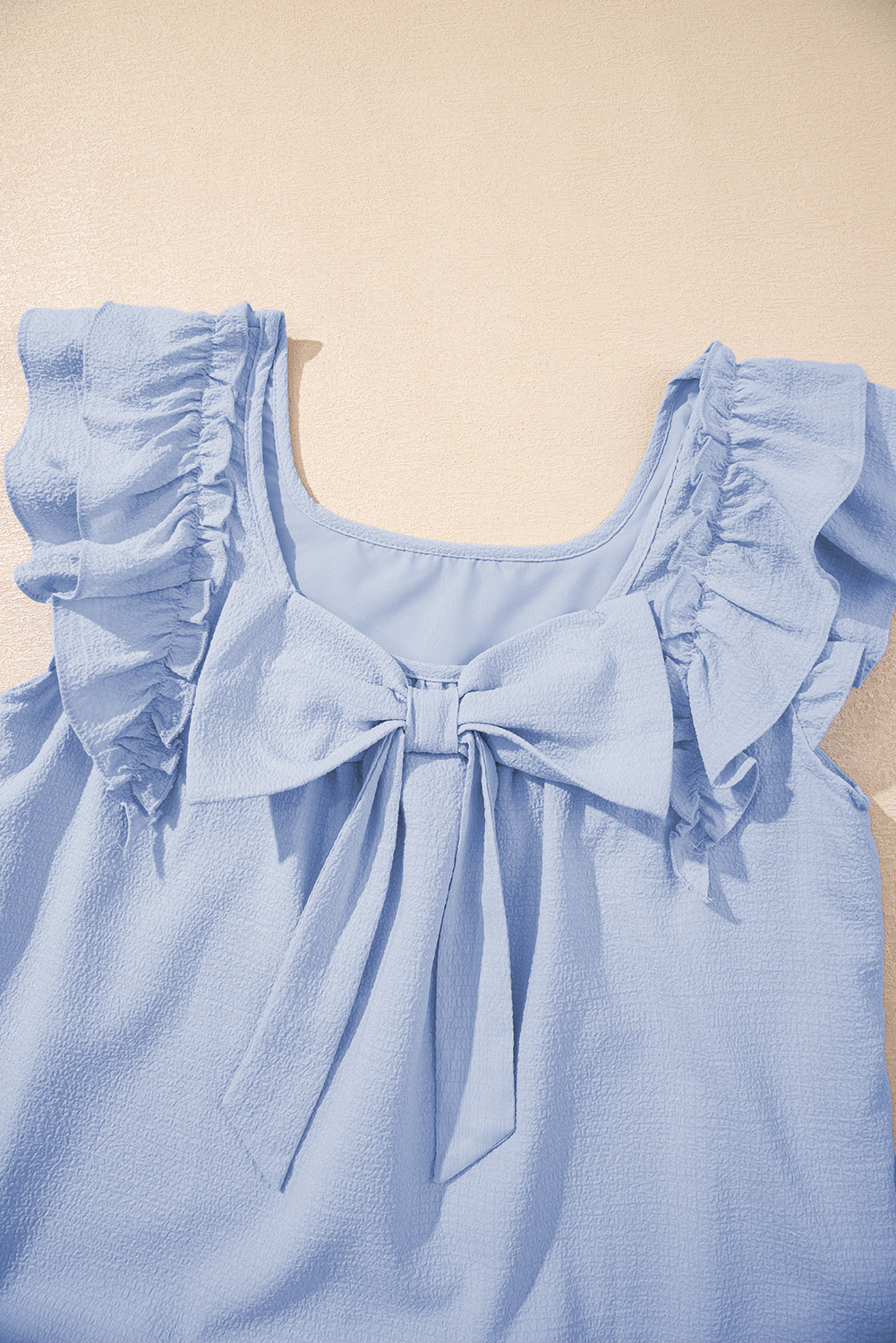 Beau Blue Textured Bow Knot Frilled Butterfly Sleeve Blouse