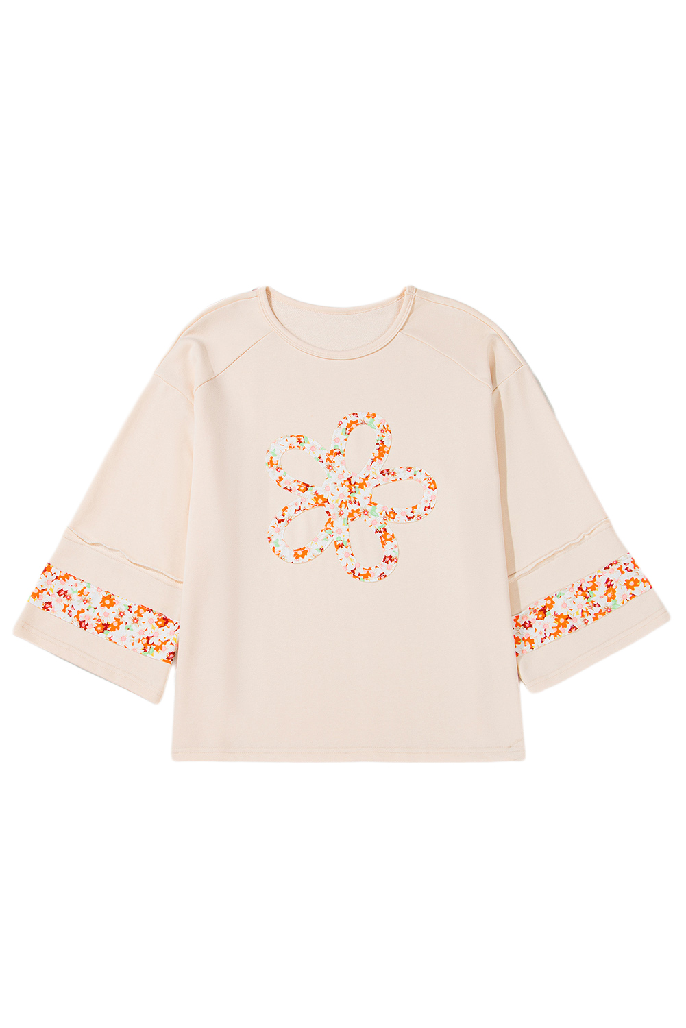 Beige Flower Patch Graphic Exposed Seam Wide Sleeve Top