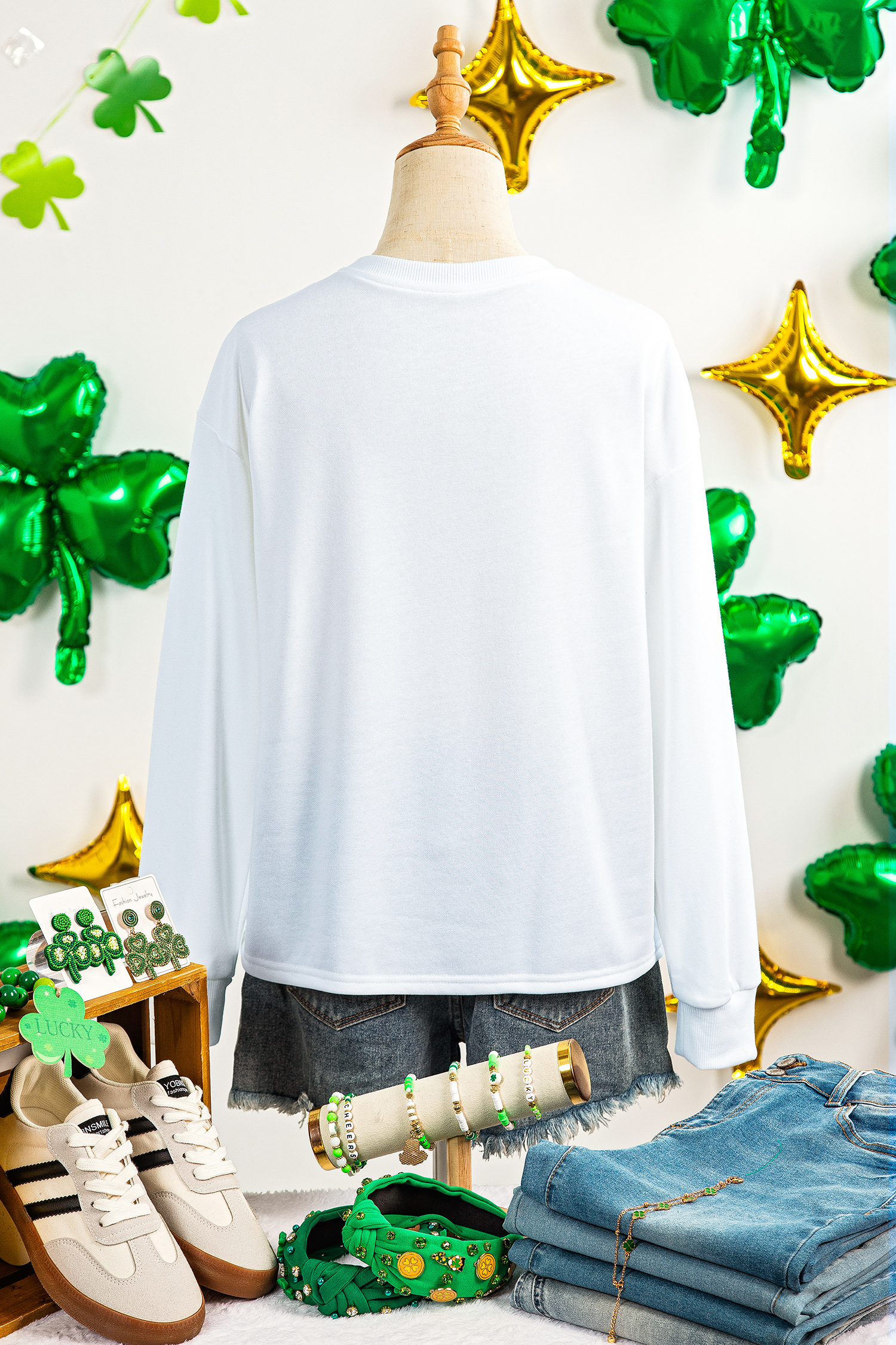 White LUCKY Clover Embroidered Long Sleeve Top