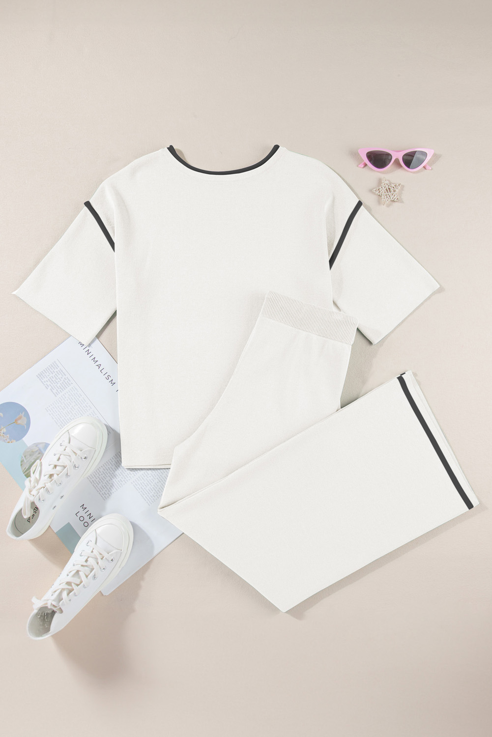 Blackish Green Contrast Trim Half Sleeve Top Drawstring Pants Loose 2pcs Sweater Suit