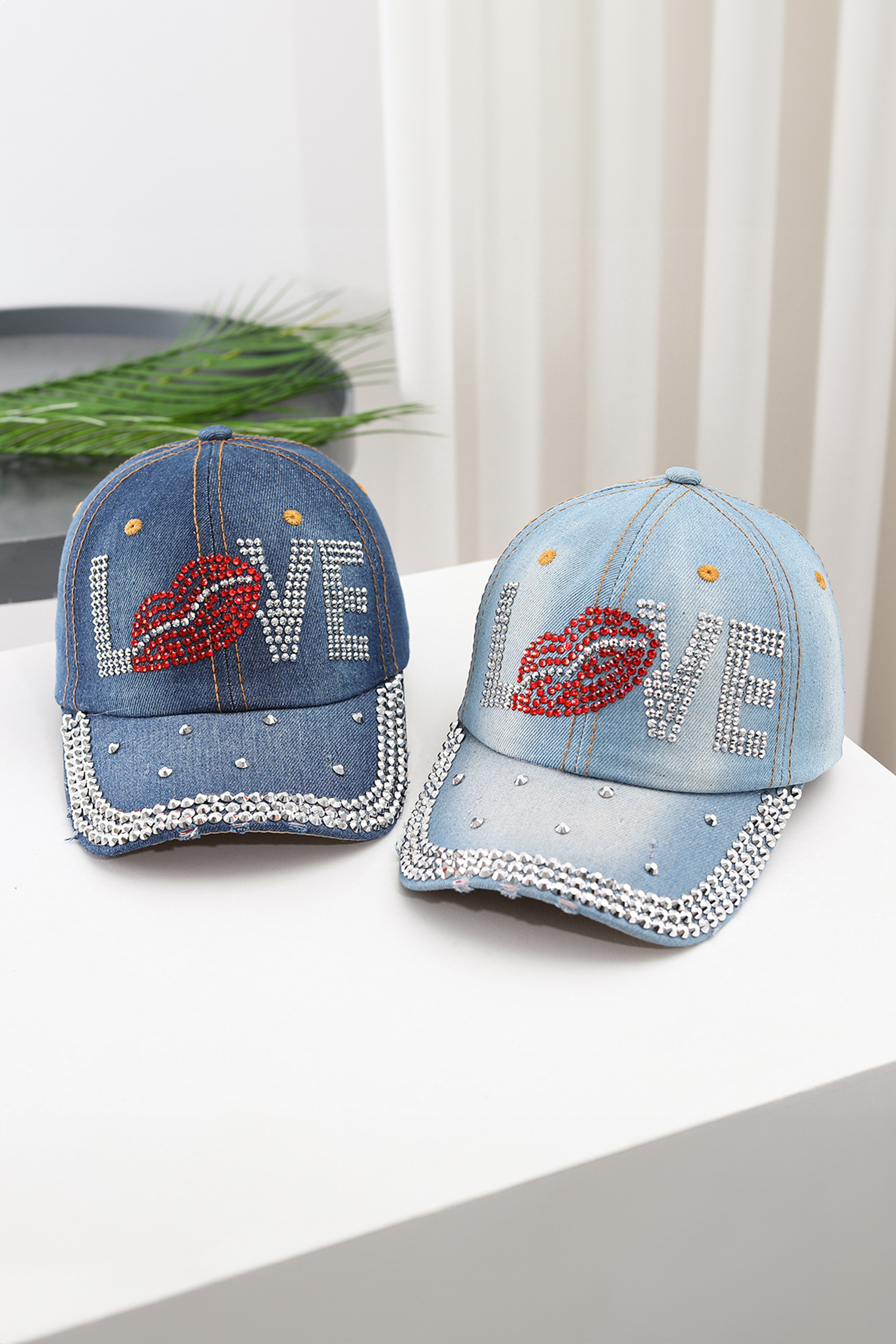 Ashleigh Blue Rhinestone Embellished LOVE Lip Denim Baseball Cap