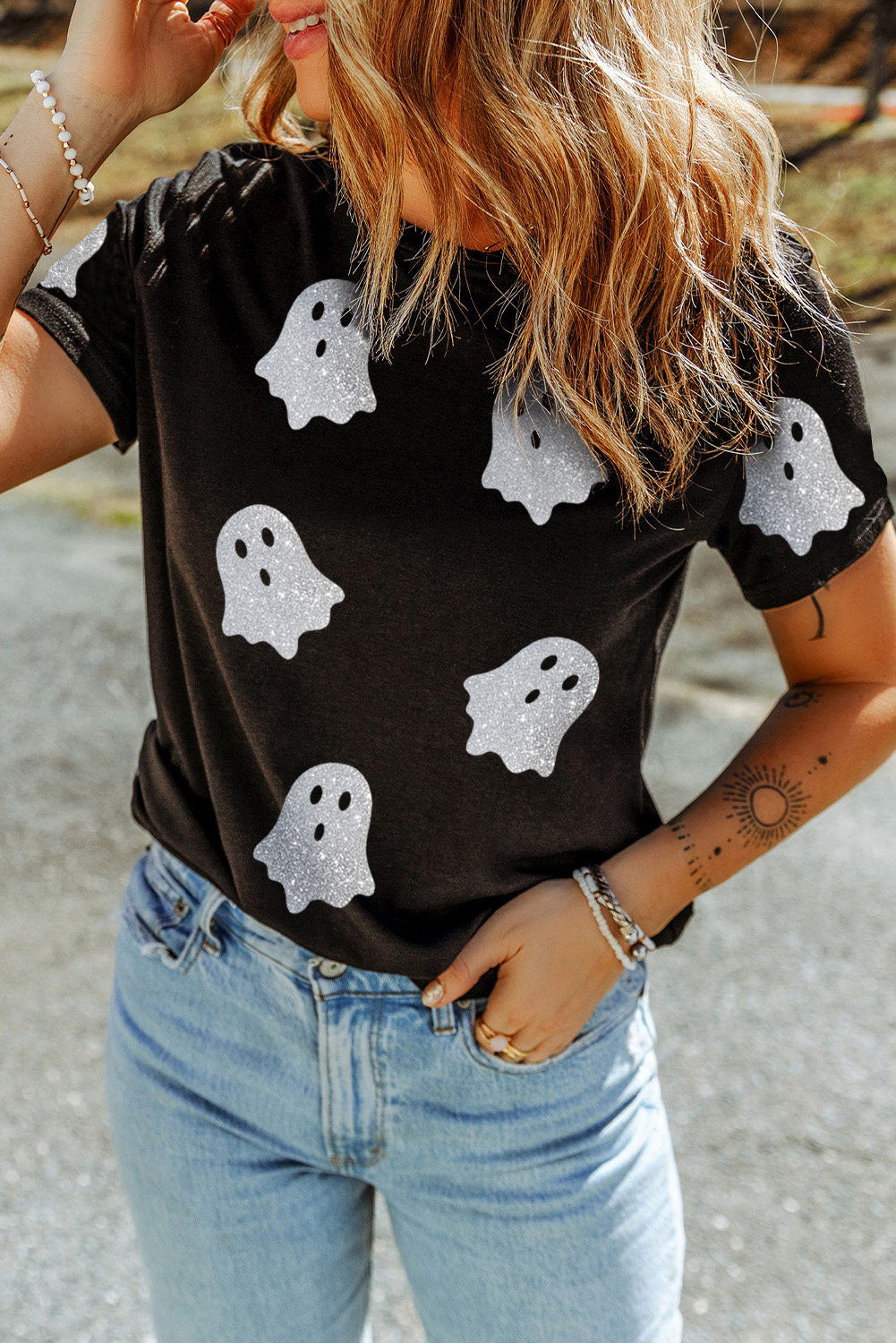 Wisteria Glitter Trim Chenille Ghost Patched Halloween Graphic Tee