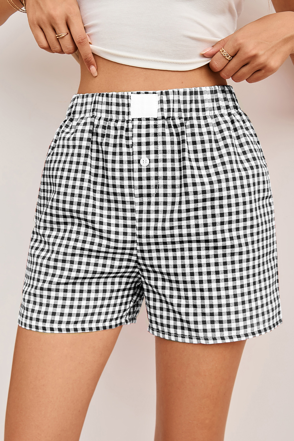 Black Gingham Printed High Waist Shorts