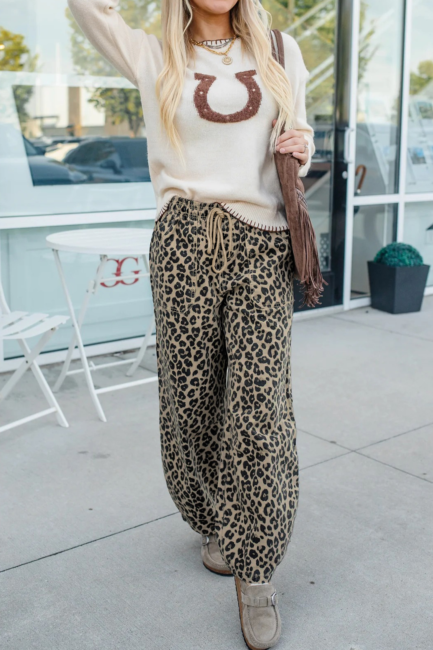Khaki Leopard Print Drawstring Elastic Waist Loose Denim Pants with Pockets