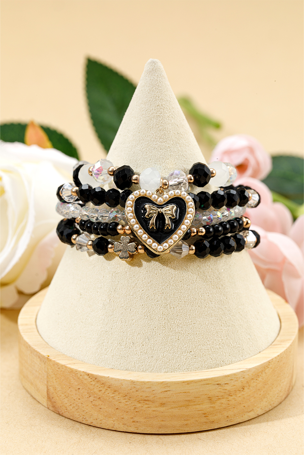 Black Heart Pendant Beaded Layered Bracelets