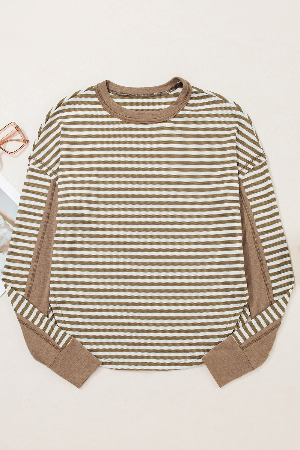 Dearlovers Green Stripe Thermal Knit Drop Shoulder Casual Top