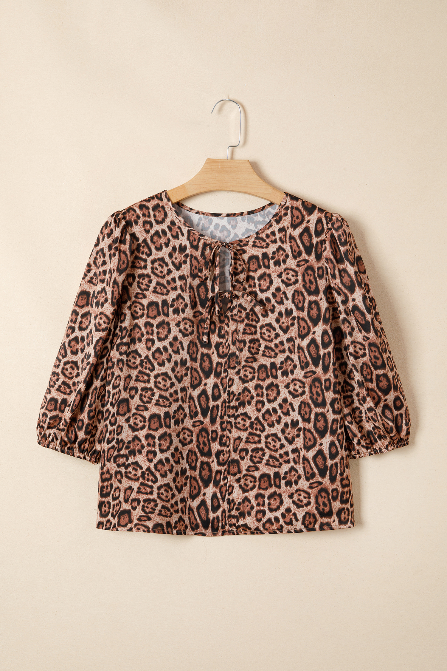 Brown Leopard Bow Tie Puff Sleeve Blouse