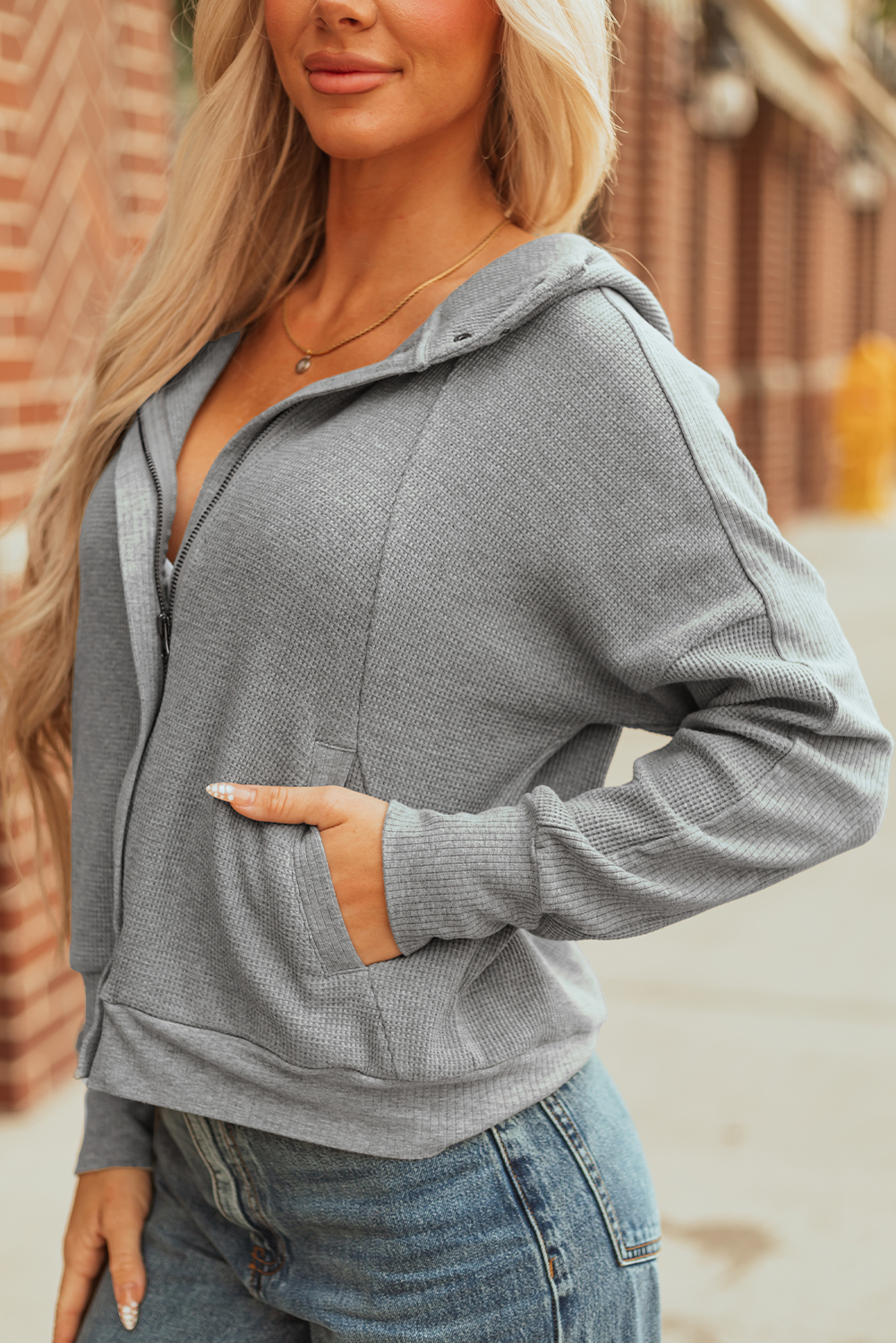 Burgundy Waffle Splicing Zip Up Front Button Hooded Jacket