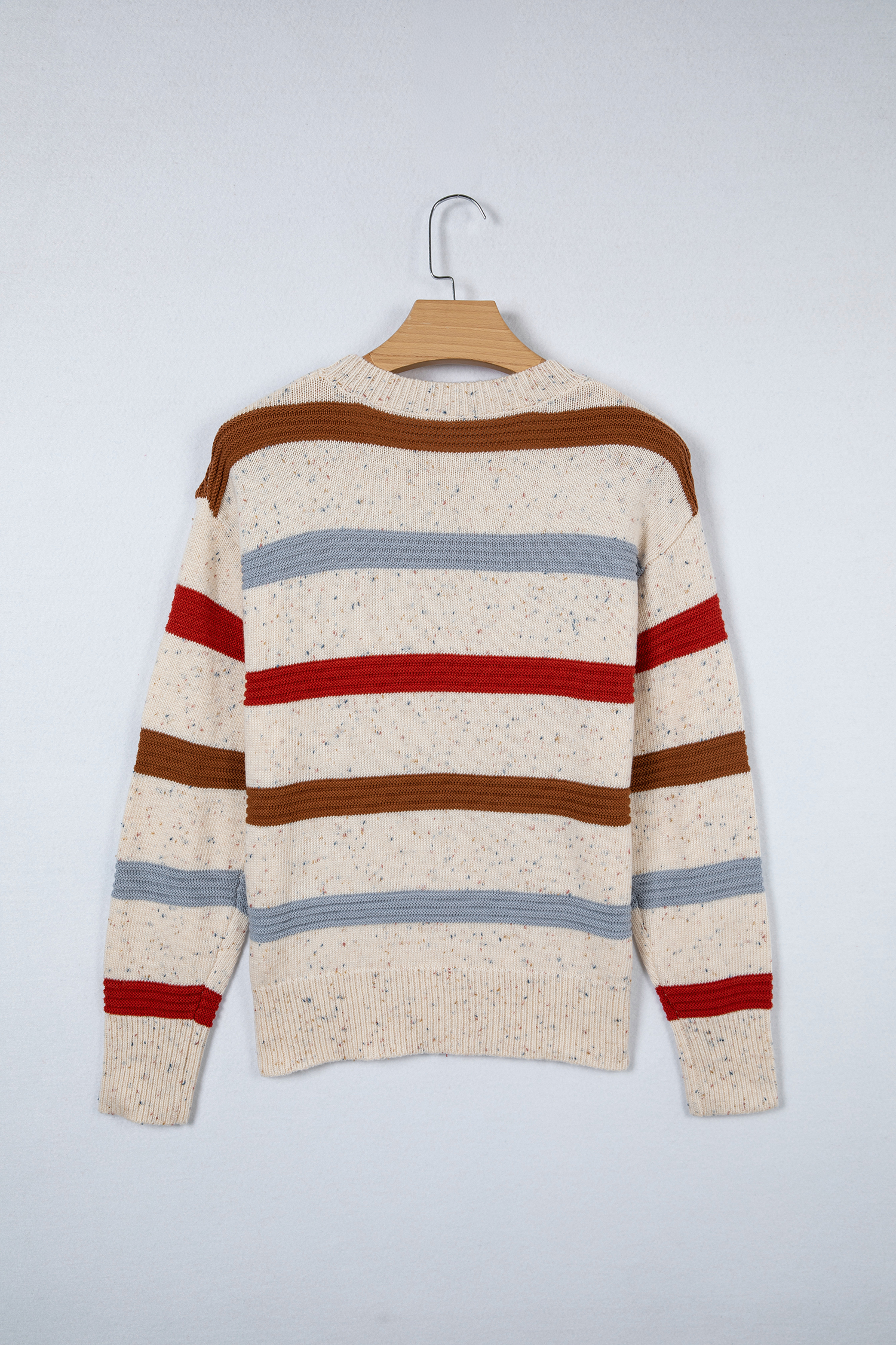 Beige Stripe Exposed Seam Drop Shoulder Heathered Knit Sweater