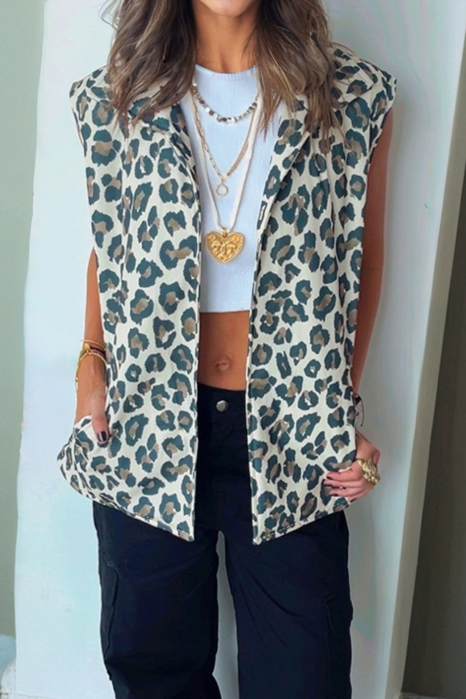 Brown Leopard Open Front Jacket Vest
