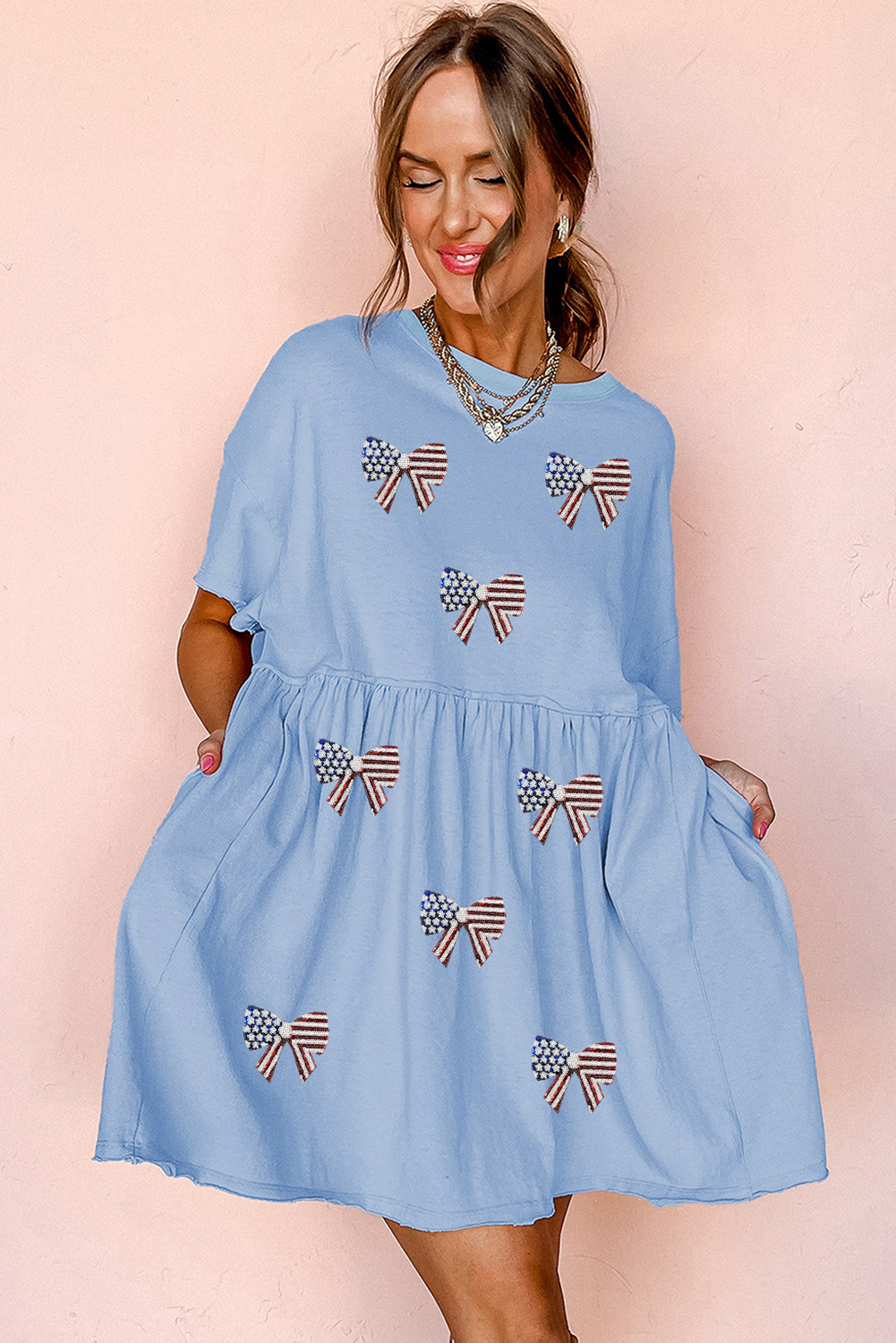 Sky Blue Star and Stripes Sequin Bow Patched T Shirt Babydoll Dress
