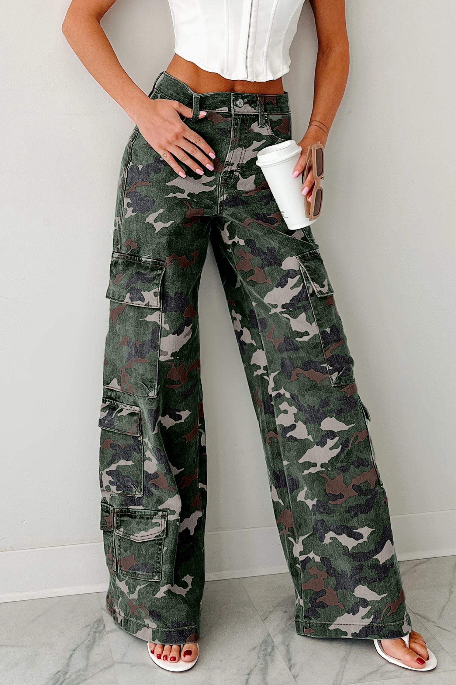 Green Camo Denim Cargo Wide Leg Pants