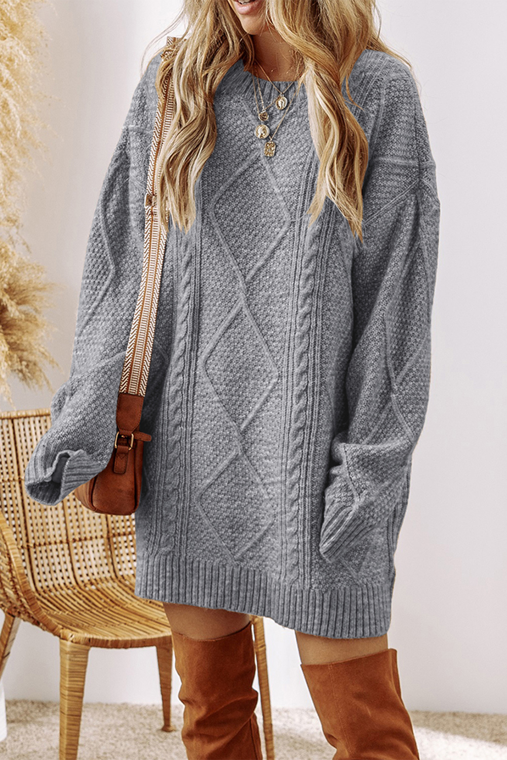 Parchment Cable Knit Drop Shoulder Loose Fit Sweater Dress